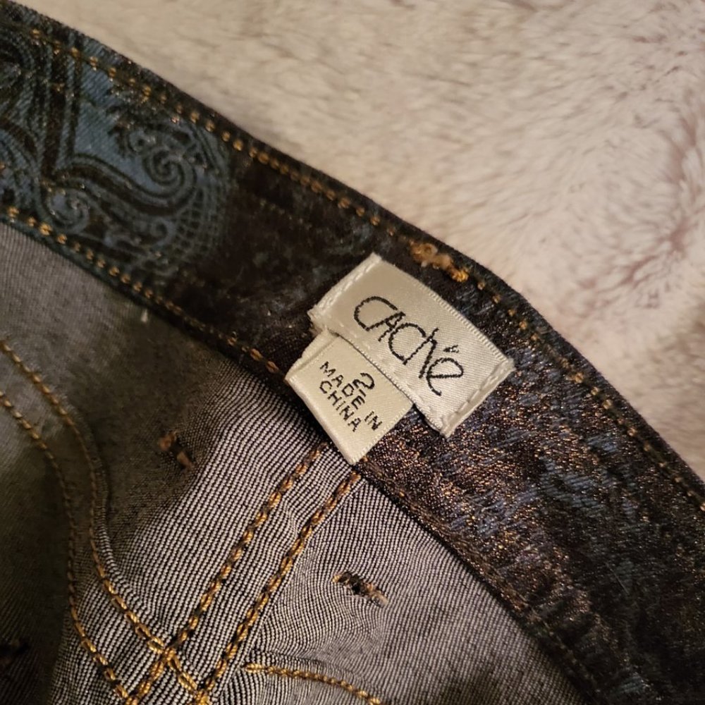 NWOT Cache gold glitter metallic blue paisley jeans 15" across waist - Picture 9 of 10